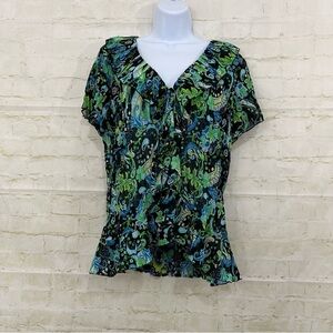 Notations Black Paisley AccordionV Neck Sheer Short Sleeve Blouse